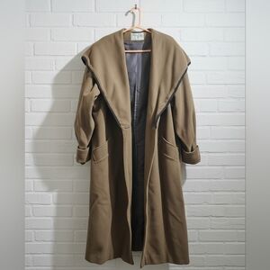 Vintage Long Brown Rope Trim Hooded Shawl Collar Heavy Wool Coat Double Breasted
